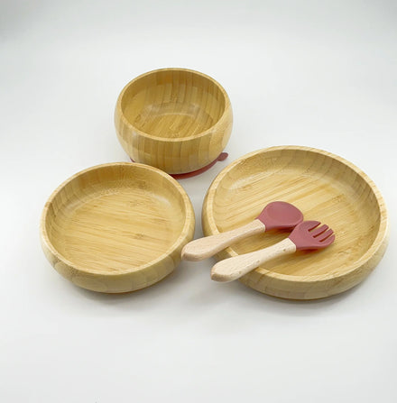 Baby Bamboo Suction Plate Bowl Feeding Spoon Fork Baby Silicone Dinner Plate Bamboo Dishes Bib for Kids Tableware Set 3 in 1 Set