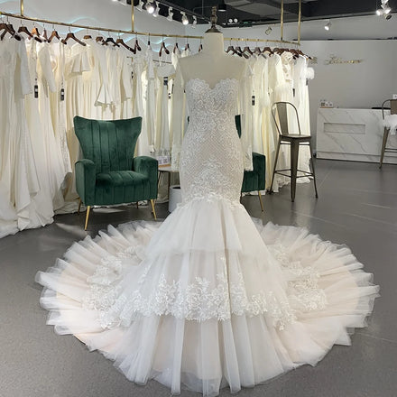 Jancember LSSG056 Illusion Long Sleeve Mermaid Wedding Long Tail Dresses