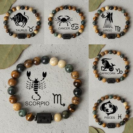 12 Zodiac Signs Charm Bracelet Fashion Obsidian Natural Beaded Bracelet Virgo Leo Libra Couple Women Men's Bracelet