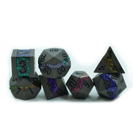 7-Piece Black Matt Metal DND Dice Set with Rainbow Color Mica Glitter Stripe for Dice Enthusiasts