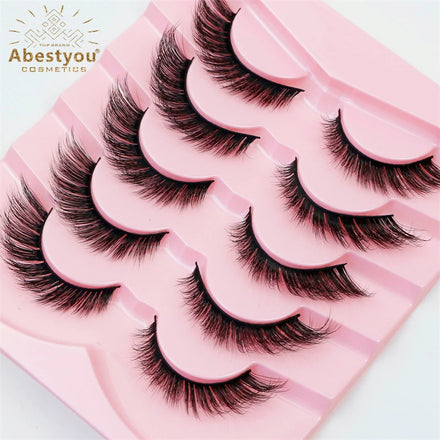 Abestyou Natural 3D Cat Eye Wispy Faux Mink False Eyelashes Fox Eye Winged Handmade Black Cotton Band 12-23mm 5 Pairs/Pack