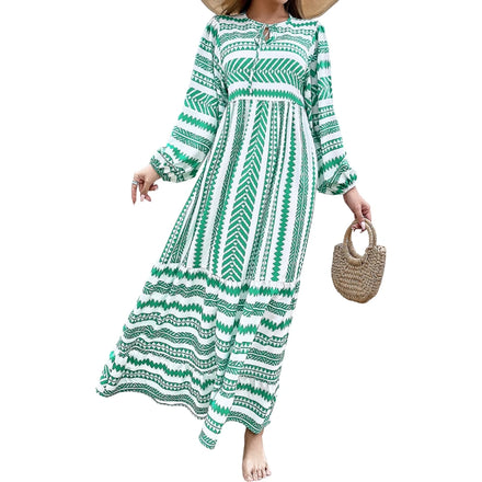 Women's Summer Beach Dress Long Sleeve Loose Fit Geometric Pattern Striped Dresses