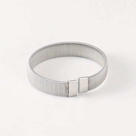 New Flat Wide Elastic Jewelry High Quality Waterproof Stainless Steel Metal Texture Open Cuff Bracelet
