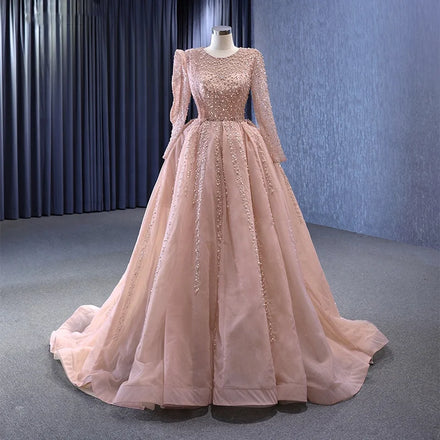 Jancember 222156 Classic Muslim Long Sleeve Pearls A-line Pink Evening Dresses