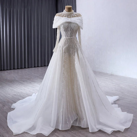 Jancember 241009 Luxury Sequins Beaded High Neck Muslim Two Wear Wedding Dresses
