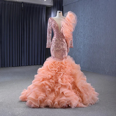 Jancember 222146 Stylish Long Sleeve Rose Pink Lace Mermaid Evening Formal Dresses