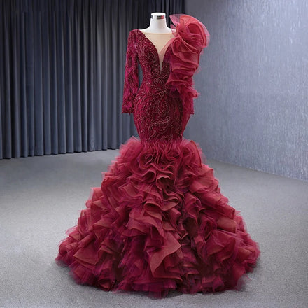 Jancember 222146 Vintage Flower Lace Fabric Long Sleeve Mermaid Evening Party Dresses