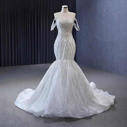 Jancember 222114 Vintage Ivory Off Shoulder Pearls Sequins Mermaid Wedding Bridal Dresses
