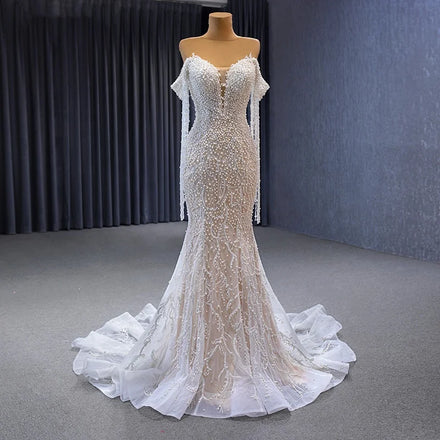 Jancember 222173 Luxury Pearls Sweetheart Tassel Slim Bridal Mermaid Wedding Dresses