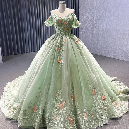 Jancember 222240B Glitter Green Flower Off Shoulder Girl's Quinceanera Party Dresses