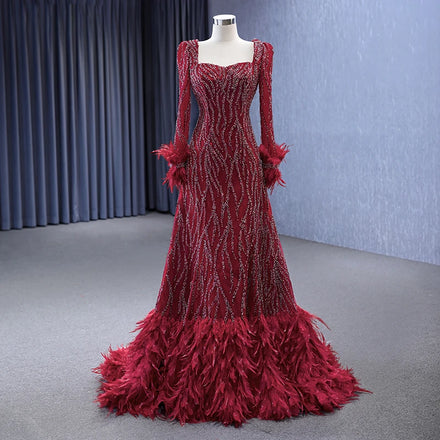 Jancember 222177 Shiny Red Square Collar Feather Long Sleeve Mermaid Evening Dresses