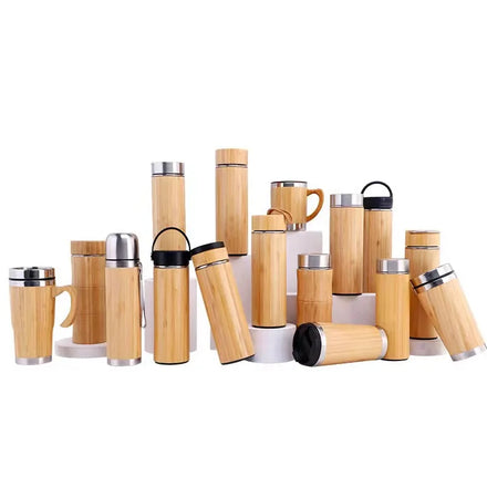 Custom Double Wall 304 Stainless Steel Tumbler 12/15/17oz Vacuum Thermos with Bamboo Lid & Handle for Travel or Office Use