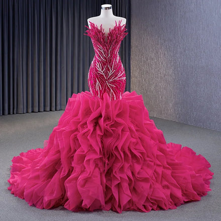 Jancember 231040 Luxury Fuchsia Pearls Strapless Mermaid Evening Dresses With Train