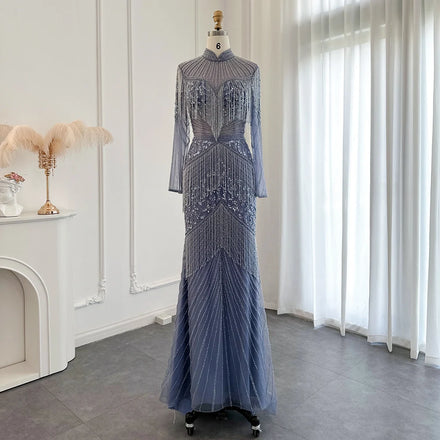 Jancember SZ120 Traditional Muslim Long Sleeve High Neck Mermaid Evening Dresses