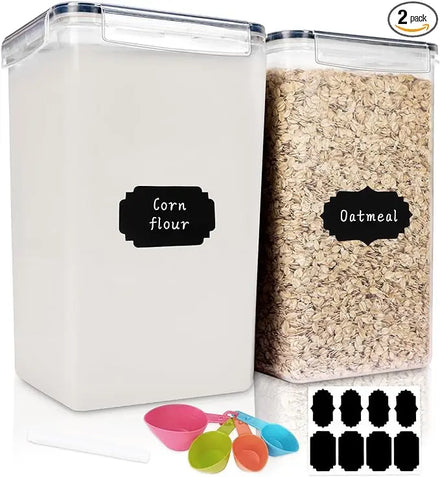 2 Pack 6.5 L Flour Sugar Storage Containers 5.9 QT Plastic Large Pantry Storage Boxes with Labels Measuring Spoon Set