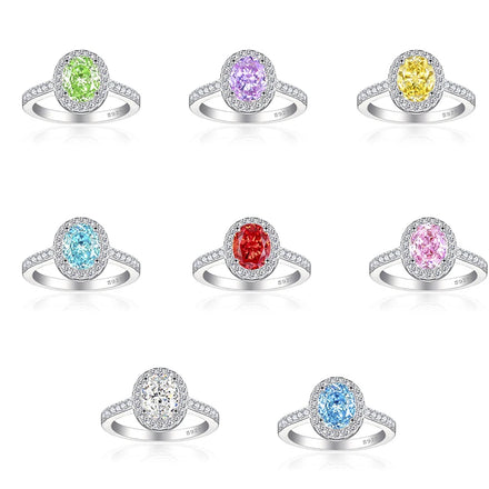 Genuine 925 Silver Red/Yellow/White/Purple/Blue/Pink/Green Oval Brilliant Cut Crystal Gemstone Cubic Zircon Engagement Rings