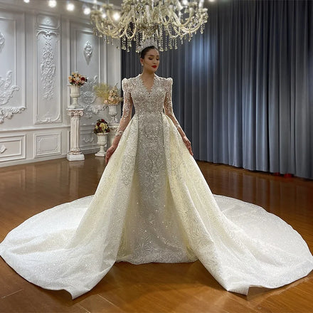 Jancember NS4540 Luxury V-neck Mermaid Bridal Wedding Dresses With Detachable Train