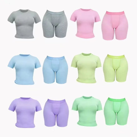 Custom Ribbed Short Sleeves Tshirt and Shorts 2 Two Pieces Spring Summer Lounge Wear Dupe Suits Set for Women Clothing Wholesale
