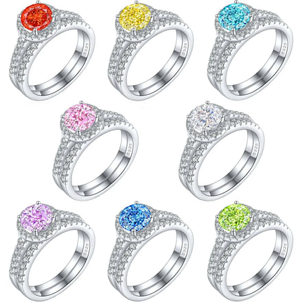 Rhodium Plated 925 Sterling Silver Shiny Multi Colored Zircon Engagement Weeding Promise Proposal Jewelry Rings for Women