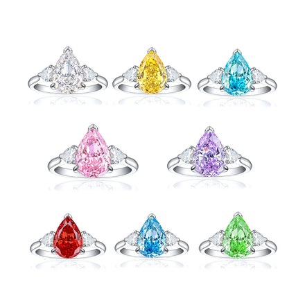 Rhodium 925 Sterling Silver Red/Yellow/White/Purple/Blue/Pink/Green Pear Cut Zirconia Waterdrop Shape Diamond Engagement Rings