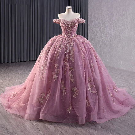Jancember 241028 Glaromous Off Shoulder Appliqued Flower Quinceanera Dresses for Women