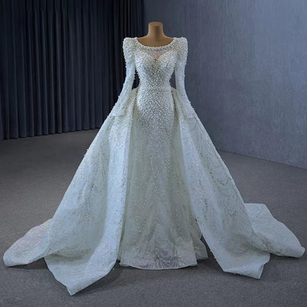 Jancember 222236 Luxury Pearls Long Sleeve Mermaid Wedding Dresses With Train