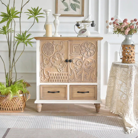 INNOVA Solid Wood Farmhouse Living Room Entryway Accent Carved Storage Cabinet with Doors and Drawers