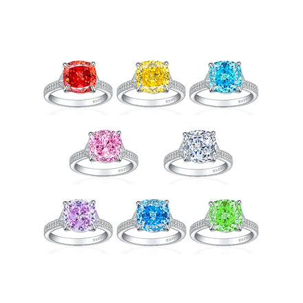 Custom Factory 925 Sterling Silver Rhodium Colorful Crushed Ice Cut Cushion Shape Crystal Gemstone Cubic Zircon Engagement Rings