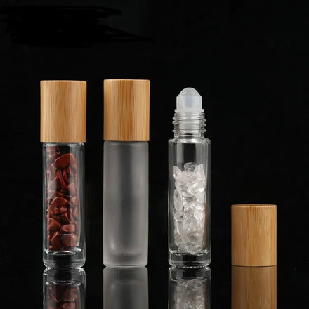 Luxury Bamboo Cosmetic Container 10ml Frosted Clear Amber Refillable Bamboo Lid Glass Silkscreen Printed Essential Oil Bottle