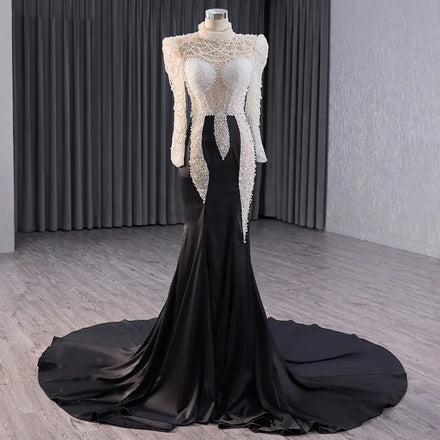 Jancember 241007 Sexy Long Sleeve Contrast Color Pearls Mermaid Evening Party Dresses