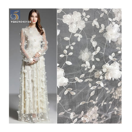 Wholesale 3D Lace Floral Fabric From China New Design Embroidered Flowers on Polyester Mesh for Dresses Low Price