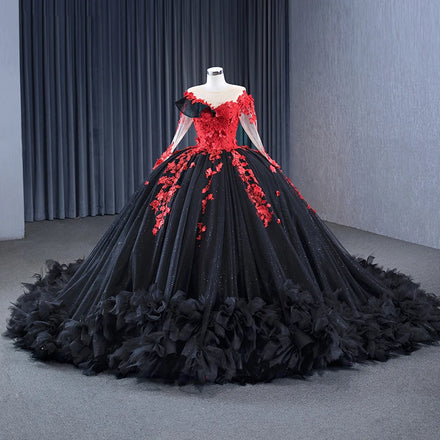 Jancember 231103 Glitter Long Sleeve Appliqued Flower Puffy Evening Gowns Dresses
