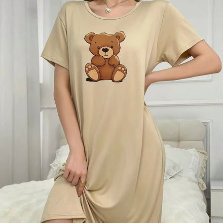 Women Summer Night Dress Shorts Sleeve Cartoon Bear Print Nightgowns Ladies Sleep Shirt Pyjamas Woman