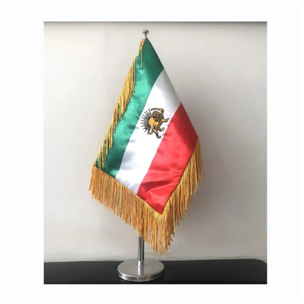 Small Meeting Iran Embroidery Table Desk Flag with Table Top Flag Pole Stand Fringe Tassels Satin Material