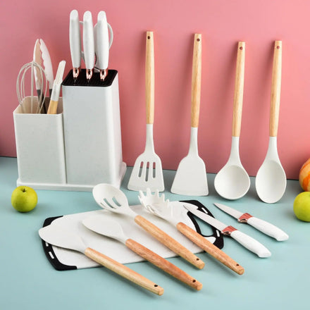 19pcs in 1 Wooden Kitchen Bamboo Handle Utensil De Cuisine Household Silicone Cooking Kitchen Utensils