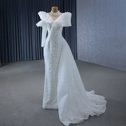 Jancember 231032 Luxury High Neck Pearls Asymmetric One Shoulder Mermaid Wedding Dresses