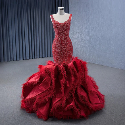 Jancember 231143 Vintage Red Sleeveless Feather Mermaid Evening Party Dresses