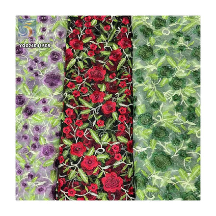 Newest 100 Polyester Embroidered Tulle Fabric Dark Green Floral Plant Lace Fabric Heavy Embroidery Flowers for 2025