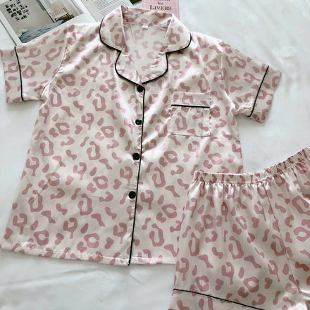 Leopard Print Pajama Set Women Satin Short Sleeve Sleepwear Button Loungewear Pajamas Femme Satin