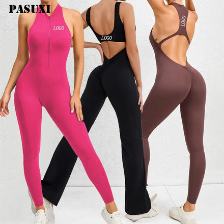 PASUXI Hot Sale Women Onesie Custom Sexy Hollow Back Leggings Nude Feeling Quick Drying Breathable Bodysuit Yoga Jumpsuits