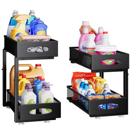 2 Pack Storage 2 Tier Metal Pull Out Cabinet Under Sink Organizer with Drawer Shelves for Kitchen