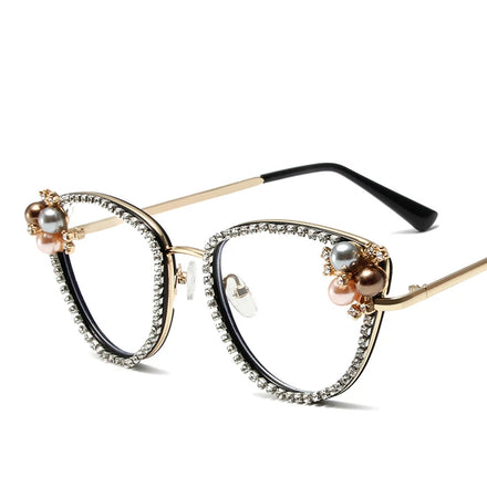 Women's Fashion Anti-Blue Light Cat Eye Computer Glasses with Pearls & Diamonds Solid Pattern Myopia Readers Eyeglasses