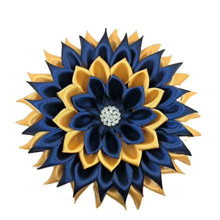Pin Corsage Gold and Navy Blue Single Layer Satin Ribbon Flower Brooch for Wedding Engagement Gift