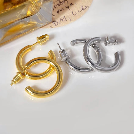 Vintage Earrings Foxi Trendy Jewelry C Shaped Stud Earrings Women Glossy Gold Plated Fashion Jewelry Earrings