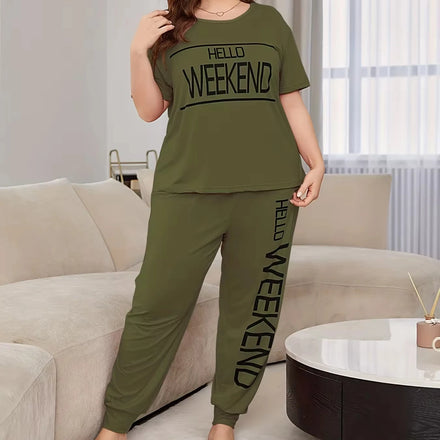 XXL XXXL XXXXL Letter Print Plus Size Women Pajama Set Short Sleeve and Long Pants Set Ladies Simple Sleepwear