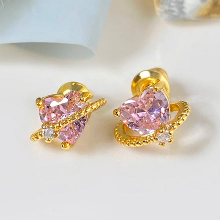 BKK Hot Sale Stud Earrings Foxi Factory Wholesale 18k Gold Plated Women Pink Gem Heart Earrings