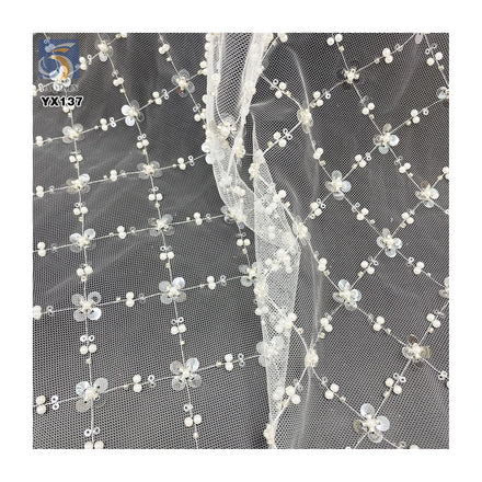 Oriental Beads Embroidery Fabric 100gsm Lace Mesh Embroidery Four-Leaf Clover Pearl Sequin Embroidery Tulle Fabric