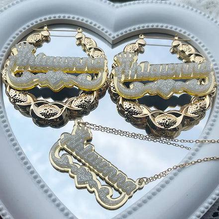 QIUHAN OEM Acrylic Stainless Steel Glitter Customized Name Necklace Earring Set