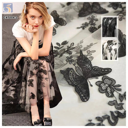 CXT004-2 High End Embroidery Fabric 100% Polyester Tulle Lace 3D Large Butterfly Embroidery Fabric