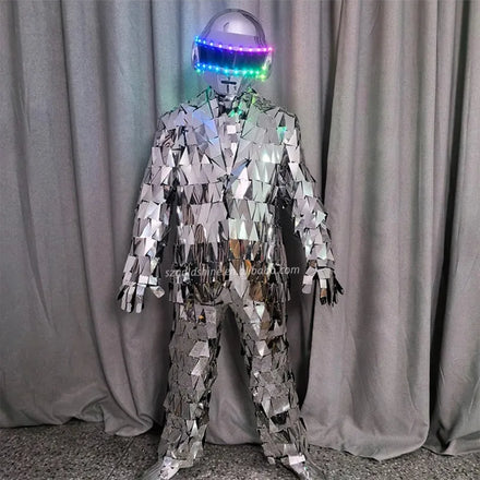 DJ Club Party Mirror Jumpsuit Fashionable Costume Nightclub Stage Dancers Reflective LED Hat-Shaped Clothing Dance Costumes